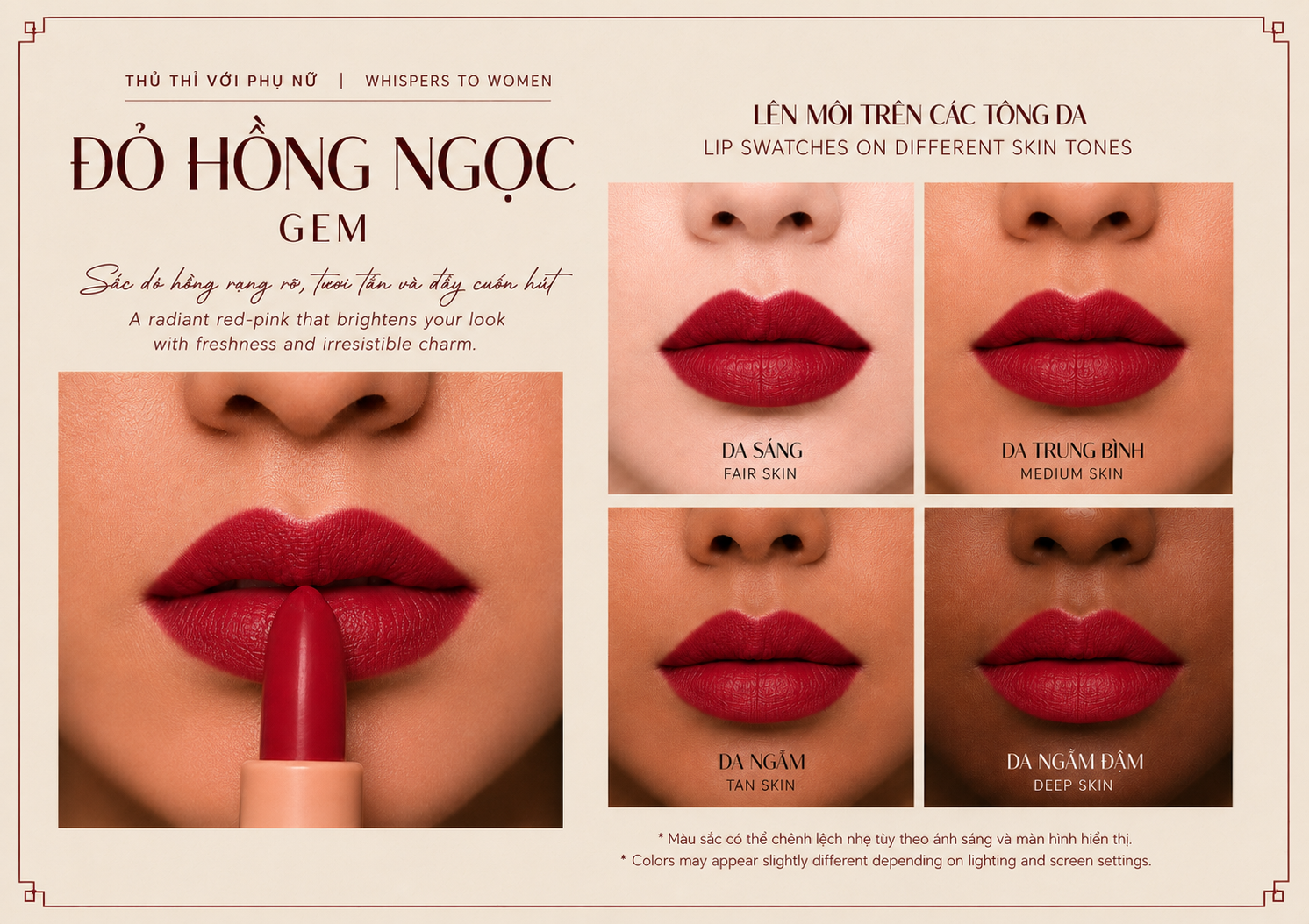 Son MoiEm Đỏ Hồng Ngọc — lên màu trên bốn tông da