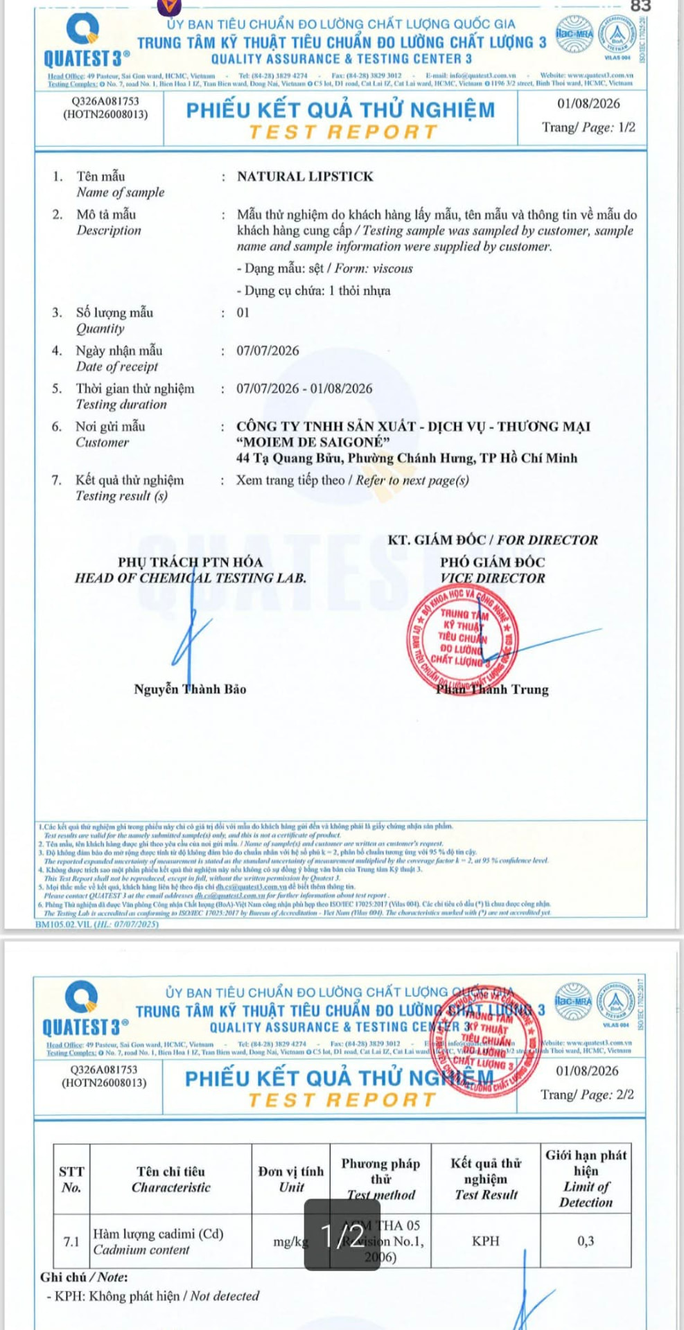 Phiếu kết quả thử nghiệm QUATEST 3 chỉ tiêu cadimi son MoiEm