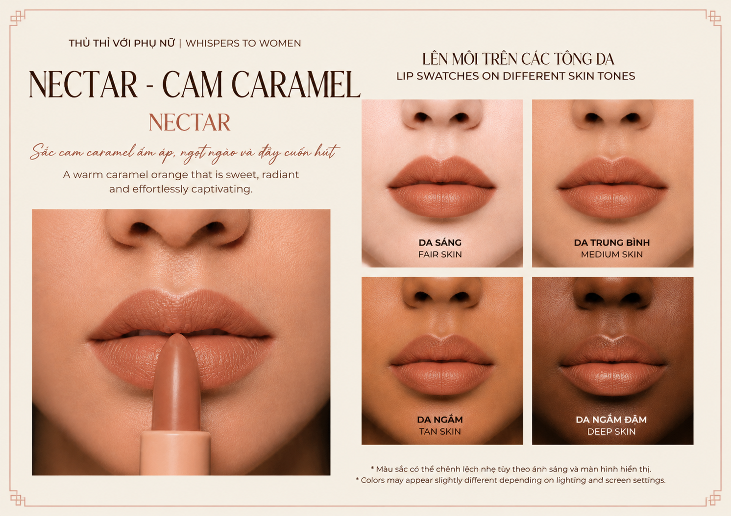 Son MoiEm Nectar — Cam Caramel — lên màu trên bốn tông da