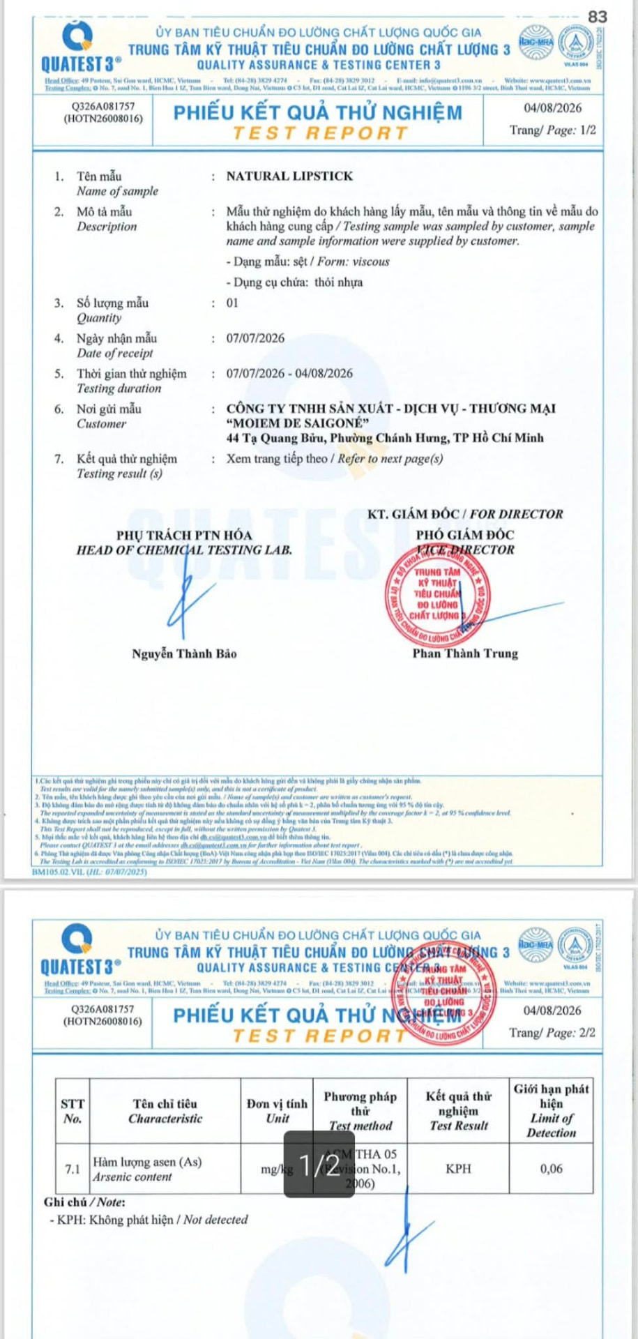 Phiếu kết quả thử nghiệm QUATEST 3 chỉ tiêu asen son MoiEm