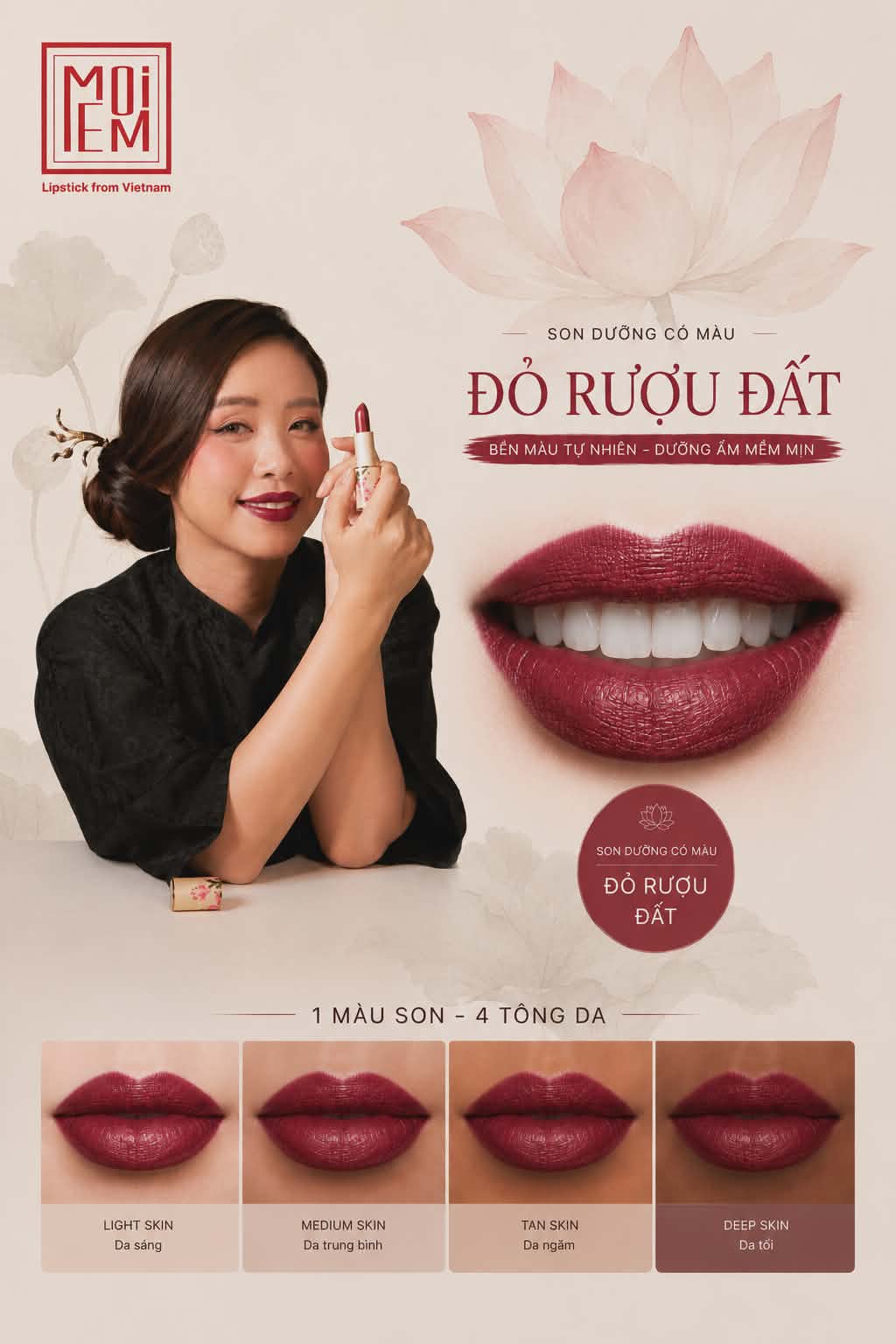 Son MoiEm Đỏ Rượu Đất — lên màu trên bốn tông da
