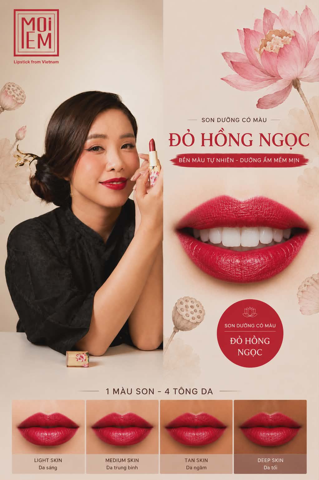 Son MoiEm Đỏ Hồng Ngọc — lên màu trên bốn tông da