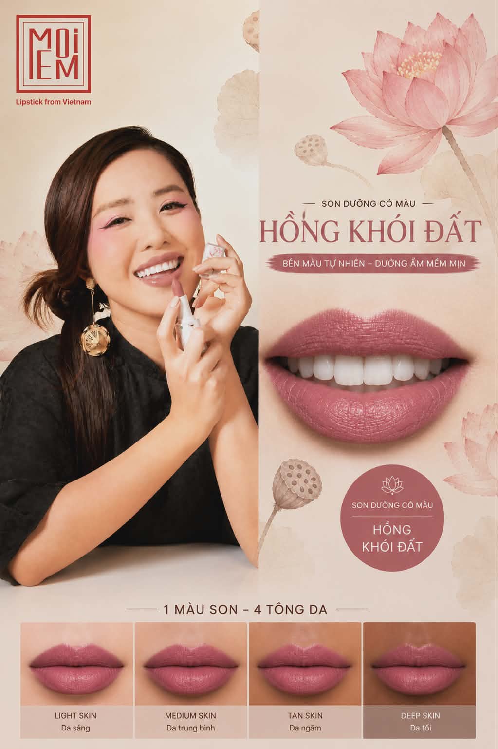 Son MoiEm Hồng Khói Đất — lên màu trên bốn tông da