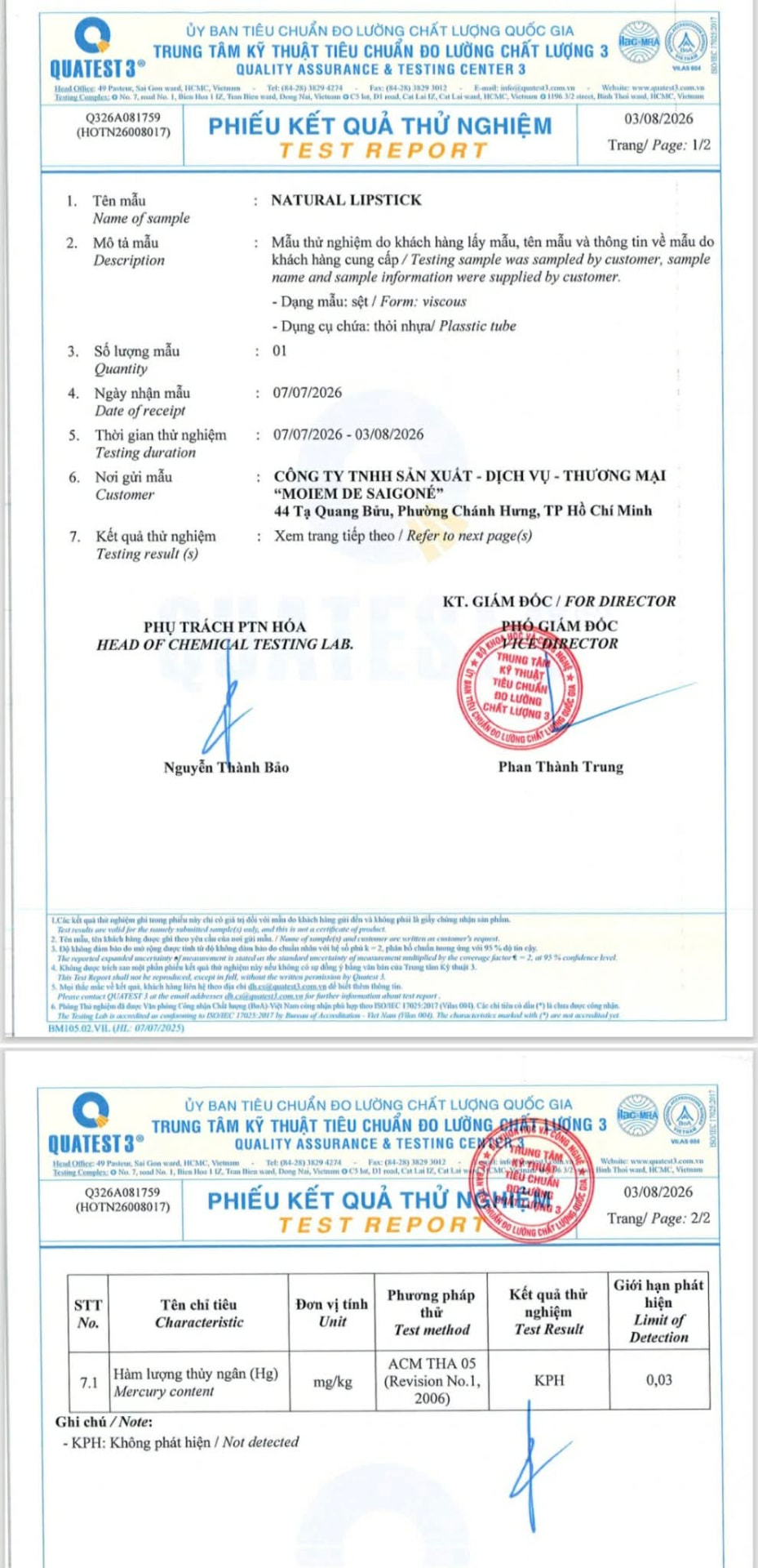 Phiếu kết quả thử nghiệm QUATEST 3 chỉ tiêu thuỷ ngân son MoiEm
