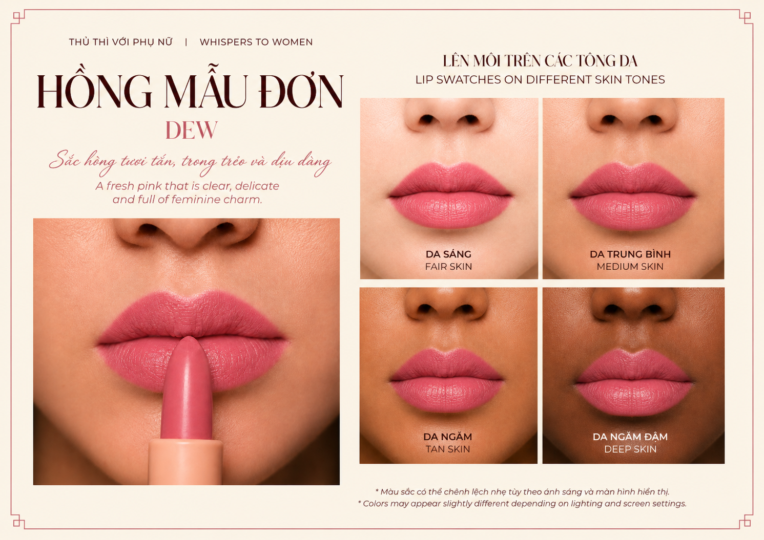 Son MoiEm Hồng Mẫu Đơn — lên màu trên bốn tông da