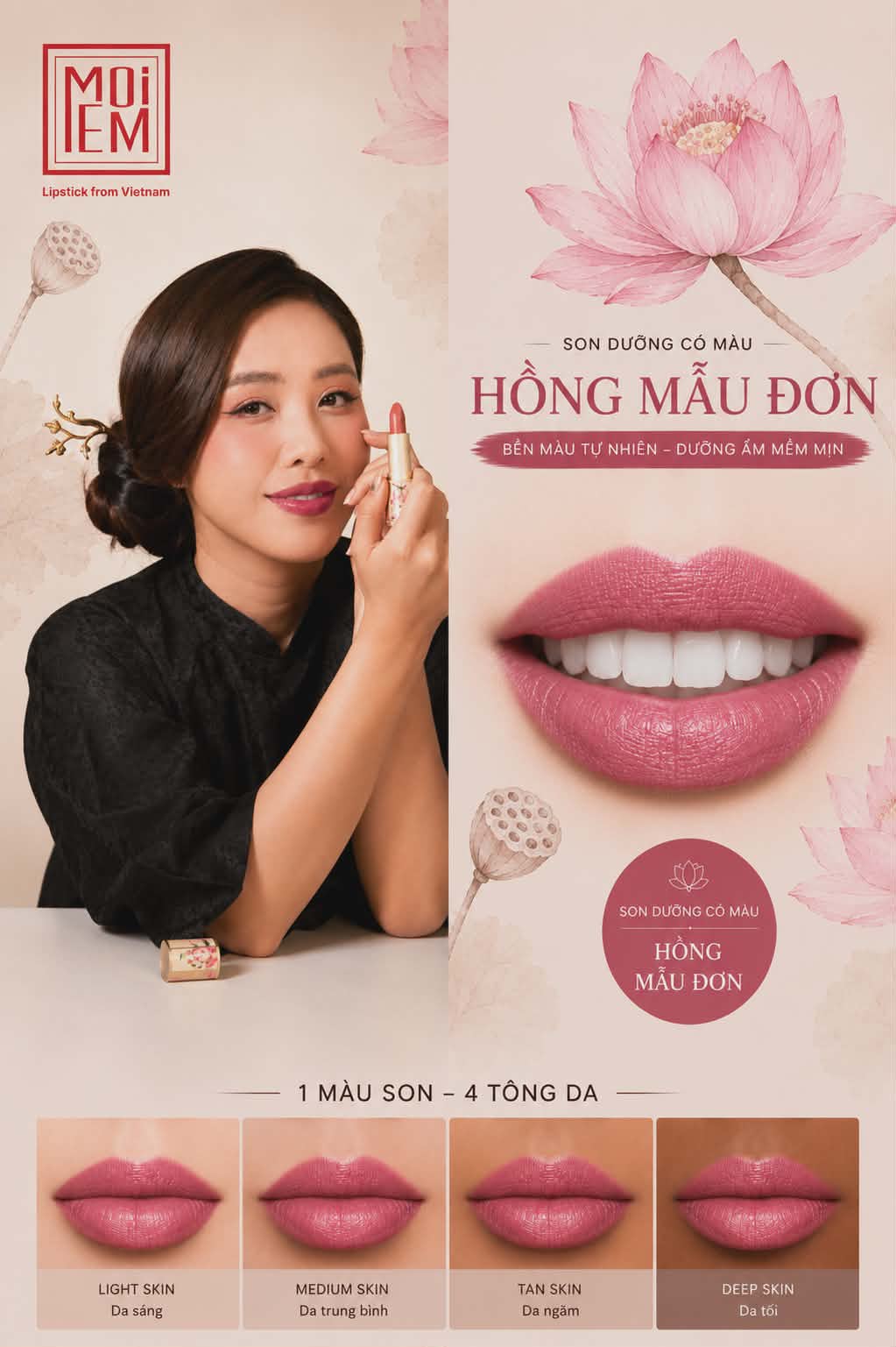 Son MoiEm Hồng Mẫu Đơn — lên màu trên bốn tông da