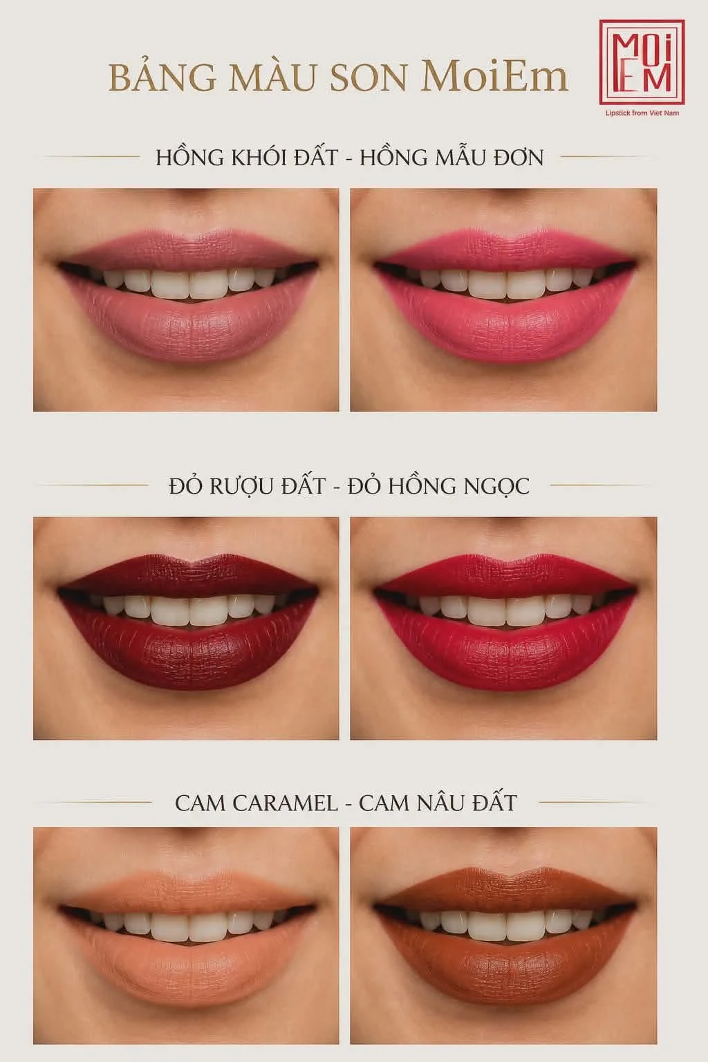 Bảng màu son MoiEm — Hồng Khói Đất, Hồng Mẫu Đơn, Đỏ Rượu Đất, Đỏ Hồng Ngọc, Cam Caramel, Cam Nâu Đất